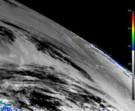 Le choc thermique de la météorite de Chelyabinsk enregistré par le satellite Meteosat-9 à 15h15 GMT le 15 février 2013.  © NASA |  Space.com 